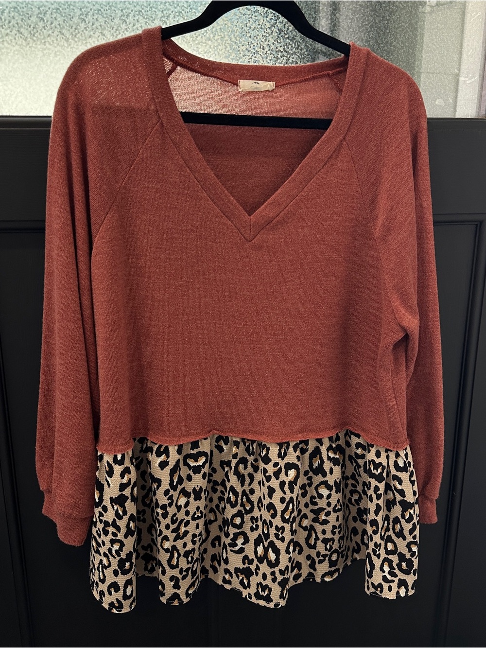 Entro V-Neck Sweater Blouse with Leopard Hem Sz Large